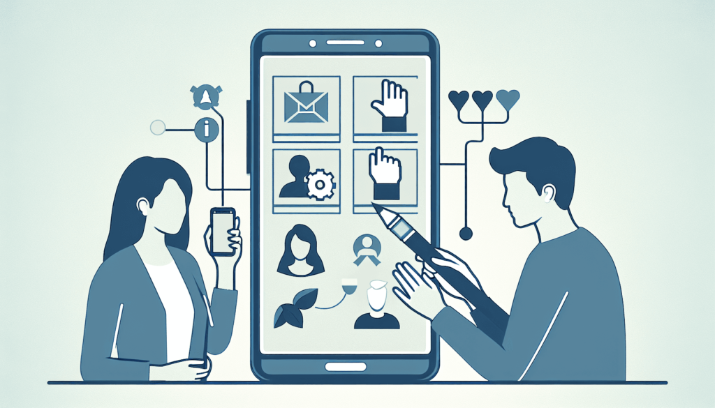 Ilustrasi minimalis yang menampilkan smartphone dengan ikon simbolis untuk'jangkauan' dan'kesan'. Seorang kreator konten perempuan Hispanik dan seor