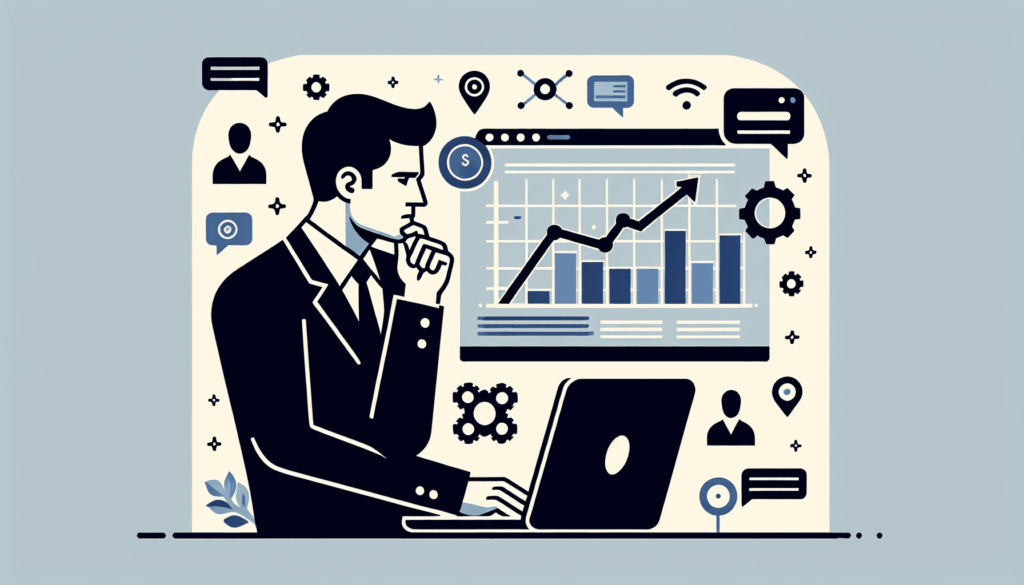 Seorang pria Kaukasia duduk merenung di depan laptop, yang menampilkan grafik yang melambangkan peringkat mesin pencari yang meningkat. Di sekitar lap